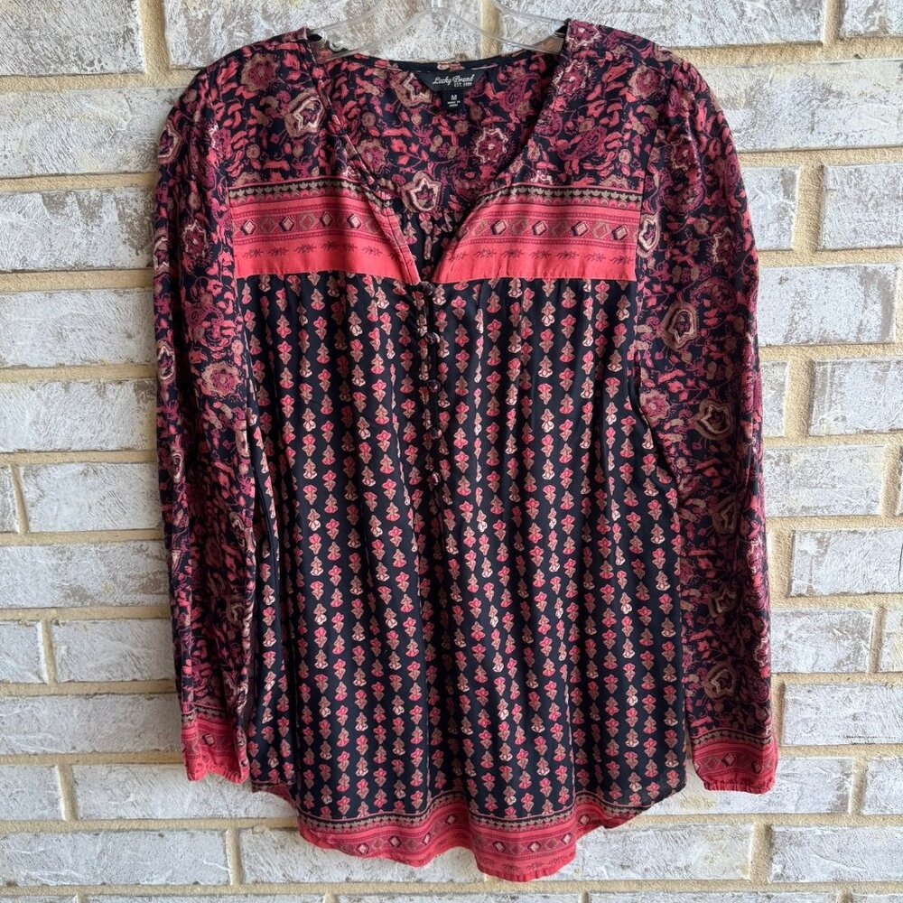 Lucky Brand Long Sleeve V-Neck Boho Blouse Women's Size M.